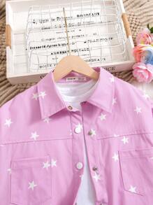 SHEIN Tween 女童休闲宽松星星印花夹克，秋季 - 粉色 - 查看 3