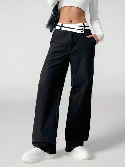 SHEIN Tall Vårklänningsbyxor Svarta asymmetriska byxor med hög midja med raka ben för damer