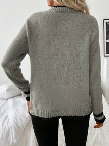 SHEIN ChicEase 女士拼色长袖针织休闲开衫 - 灰色 - 查看 2