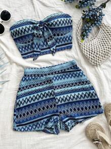 Soleia 2pcs Women Vacation Tied Bustier & High Waist Textured Shorts Set - Multicolor - View 3