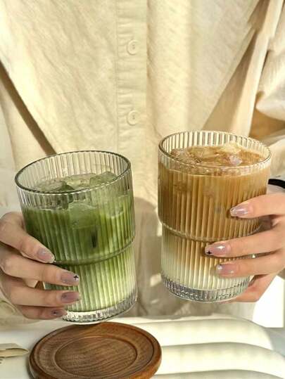 1pc Transparent Glass Cup, 400ml/450ml Capacity, Vertical Striped, Heat Resistant, Suitable For Coffee/Tea/Latte, For Home, Hotel, Party, Restaurant Back To School