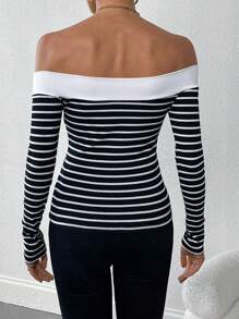 SHEIN Privé Women's Black And White Striped Strapless Long Sleeve T-Shirt Top,Sexy And Elegant Style,Off Shoulder Top,Off Shoulder Long Sleeve,Spring, Fall And Winter Tops,Suitable For Daily, Commuting, Holiday,Dating