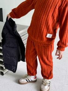 SHEIN 2-teiliges Kleine Jungen Einfarbig Langarm Lässig Outfit, Oberteil und Hose