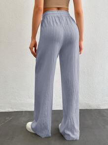 SHEIN Tall 棉质高腰女式纯色长腰抽绳裤 - 淺藍色 - 查看 2