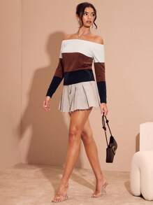 Glamine Off Shoulder Color Block Loose Knitted Sweater For Women, Fall Winter - Multicolor - View 4