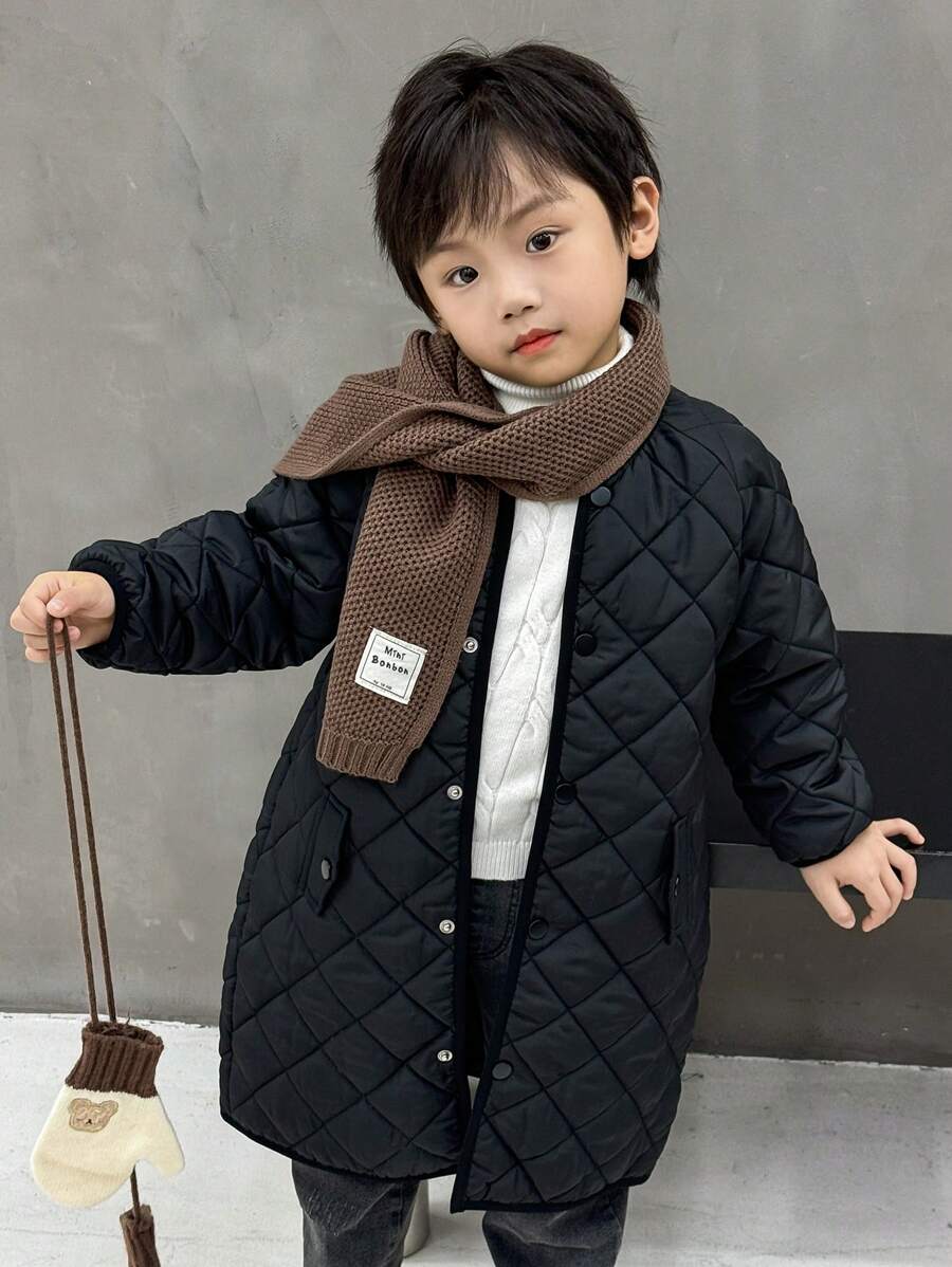 SHEIN 1pc Young Boy Rhinestone Quilted Padded Mid-Length Jacket, Versatile For Fall/Winter Daily Wear, School & Casual Occasions - Black - View 1