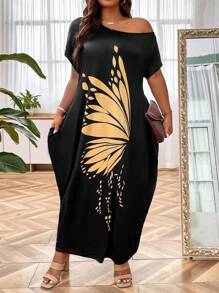 SHEIN LUNE Plus Butterfly Print Hidden Pocket Batwing Sleeve Dress Maxi Women Outfit - Black - View 5