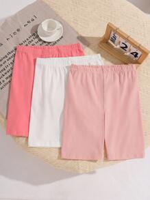 SHEIN 3 件套 Tween 女童纯色修身休闲紧身短裤 - 西瓜粉 - 查看 1