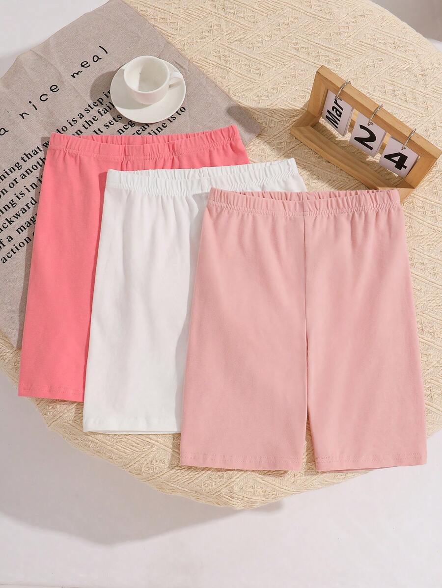 SHEIN 3 件套 Tween 女童纯色修身休闲紧身短裤 - 西瓜粉 - 查看 1