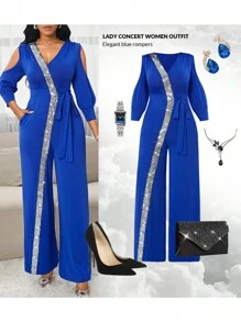 SHEIN Lady Bộ áo liền quần tay phồng 2 trong 1 thanh lịch đầy màu sắc thời trang dành cho nữ - Màu xanh lam - Xem 1