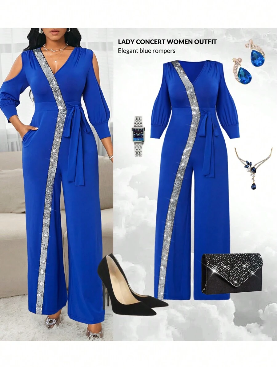 SHEIN Lady Bộ áo liền quần tay phồng 2 trong 1 thanh lịch đầy màu sắc thời trang dành cho nữ - Màu xanh lam - Xem 1