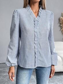 Chiquease Blouse à manches longues avec volant à rayures décontractée pour femmes, printemps/automne