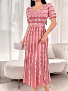 Modelyn Women's Geometric Print Square Neck Short Sleeve Maxi Sweater Dress - Pink - View 5