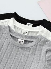 SHEIN 3件套新生女宝宝休闲纯色针织弹力连体衣套装 - 黑與白 - 查看 6