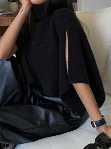 DAZY 女士纯色高领蝙蝠袖短款宽松毛衣，秋冬