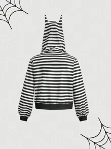 SHEIN MOD Große Größen Jacke mit Kapuze und Katzenohren, schwarz-weiß gestreift - Schwarz und Weiss - Übersicht 2