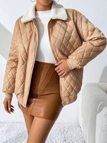 SHEIN Essnce 冬季女装菱格绗缝领长袖棉服大衣拼接毛领THE WELLS TAUPE JACKET秋冬 - 卡其色 - 查看 4