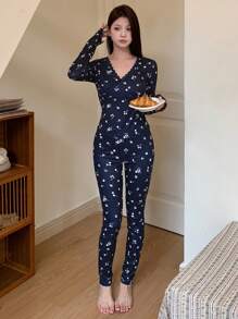 DAZY Spitzen-Patchwork-Muschel-Besatz, Blumen-Allover-Muster Top und Hose Lässig Schlafanzug Set, Herbstkleidung Pyjama