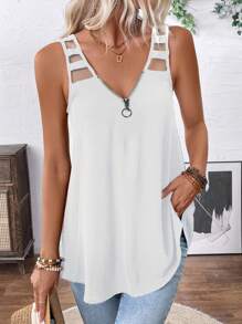 Chiquease Áo ba lỗ cổ chữ V màu trơn mùa hè cho nữ - trắng - Xem 1