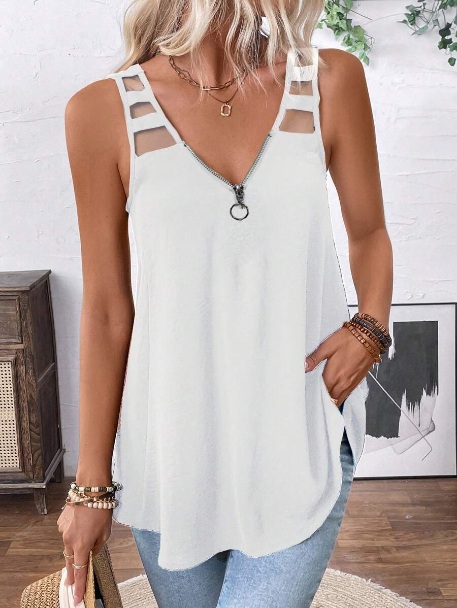 Chiquease Áo ba lỗ cổ chữ V màu trơn mùa hè cho nữ - trắng - Xem 1