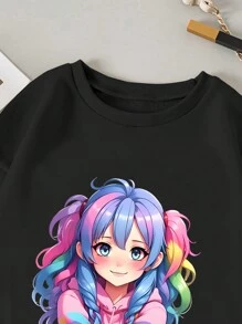 Tween Girl Spring And Autumn Cartoon Character Printed Round Neck Long Sleeve Loose Casual Sweatshirt - Black - View 3