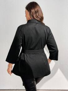 SHEIN Unity 大码女式纯色简约休闲针织长袖西装外套 - 黑色 - 查看 2