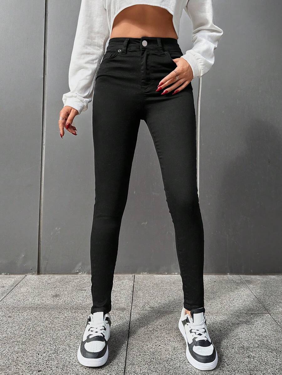 RueChic Solid Slant Pocket Skinny Pants - Black - View 1