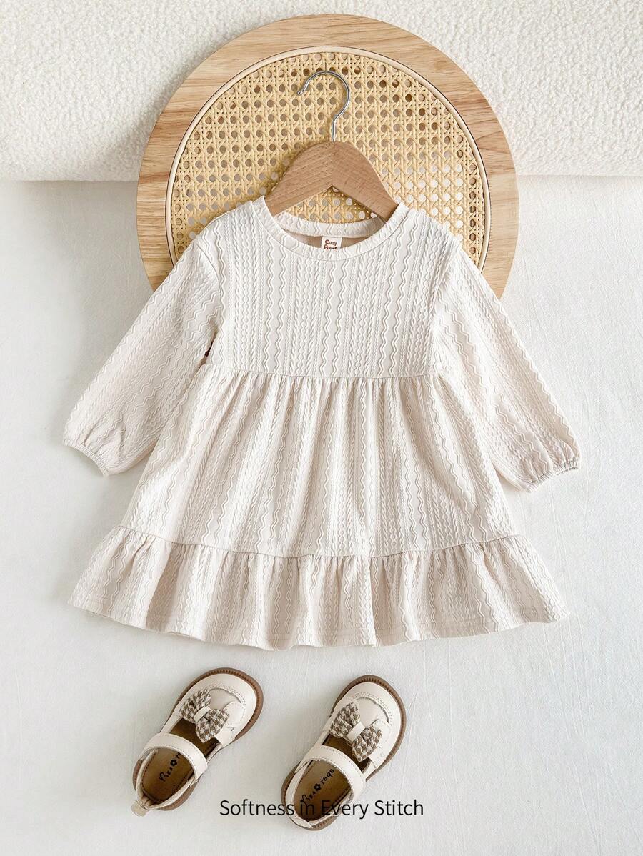 Cozy Pixies Baby Girl Wave Pattern Round Neck Dropped Shoulder Puff Sleeve Waisted Dress - Apricot - View 1