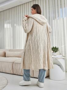 EURMUSE Plus Size Casual Hooded Cable Knit Cardigan - Beige - View 2