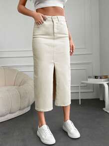 EURMUSE Split Thigh Denim Skirt - Beige - View 4