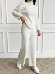 EURMUSE Women Pearl Detailed Sweater Two Piece Sets - White - View 5
