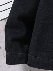 SHEIN Tween Boy Fashion Casual Large Letter Print Design Black Denim Lapel Long Sleeve Jacket For Dailywear And Fall Kids Clothes - Black - View 5