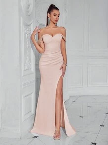 ADYCE Solid Color Off-Shoulder Elegant Ruched Open Back High Slit Cinched Waist Maxi Cocktail Dress, Suitable For Birthday, Wedding Guest, Graduation Ceremony, Gala, Homecoming And Other Semi-Formal Occasions - Apricot - View 1