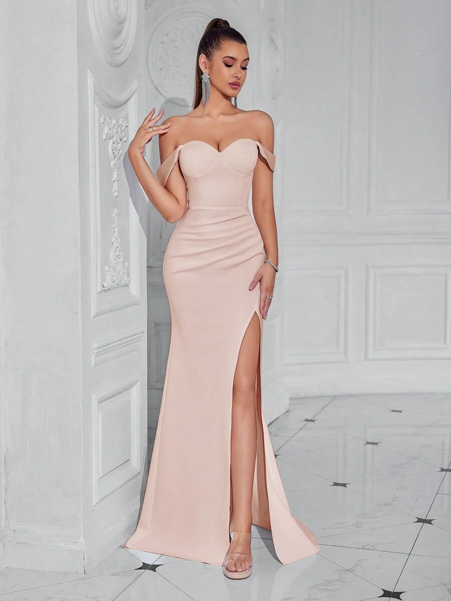 ADYCE Solid Color Off-Shoulder Elegant Ruched Open Back High Slit Cinched Waist Maxi Cocktail Dress, Suitable For Birthday, Wedding Guest, Graduation Ceremony, Gala, Homecoming And Other Semi-Formal Occasions - Apricot - View 1