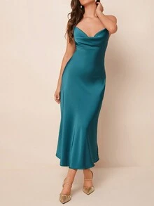 SHEIN Clasi Vestido de slip midi elegante de unicolor para mujer - Azul - Ver 5