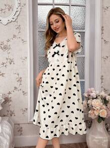 CottageSlumber Colorblock Contrast Lace Heart Print Ruffle Hem Women's Nightgown Babydoll Holiday Season - Apricot - View 3