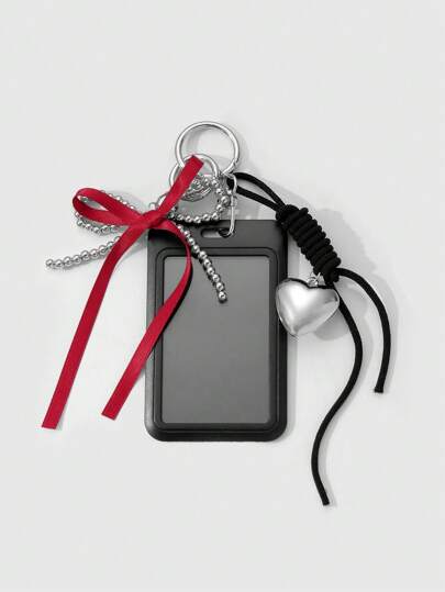 Kawaii 1pc Stylish Gothic Silver Beaded CCB Ribbon Bowknot & Heart Adjustable Lanyard ID Card Holder Charm Keychain, Suitable For Office Workers And Students, Perfect Gift Valentines, Halloween