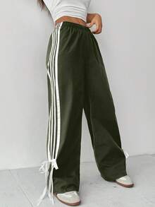 SHEIN PETITE Pantaloni alla caviglia con laccetti e righe a contrasto per donna - Verde Oliva - Visualizzare 7
