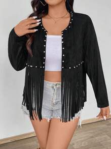 Front Beaded Tassel Hem Plus Size Long Sleeve Jacket Fall Winter Cloth For Women Autumn - Black - View 3