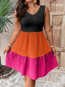 SHEIN LUNE Plus Size Solid Color Patchwork V-Neck Sleeveless Simple Ruched Short Casual Dress