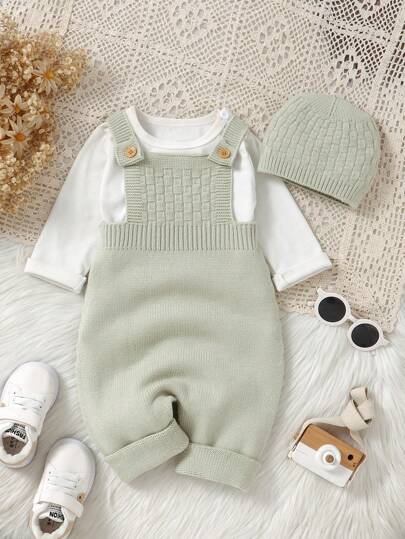 SHEIN Vintaside Kids Baby Boys  Simple Vintage Hooded Romper With Suspender Chic Outfits For Autumn/Winter