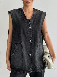 Dazy Star 女士休闲宽松牛仔背心，单排扣设计，春秋 - 灰色 - 查看 8