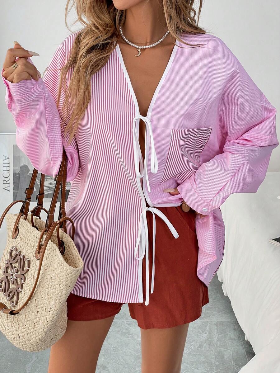 SHEIN LUNE Women Striped Print Tie Up Long Sleeve Shirt - Pink - View 1