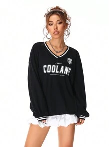 SHEIN EZwear Women's Streetwear Graphics Jersey Black Sweatshirt - Black - View 5