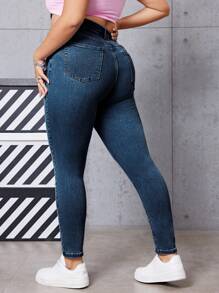SHEIN EZwear Quần Jeans Skinny Túi Thời Trang Thường Ngày Cỡ Lớn Cho Nữ - Rửa tối - Xem 2
