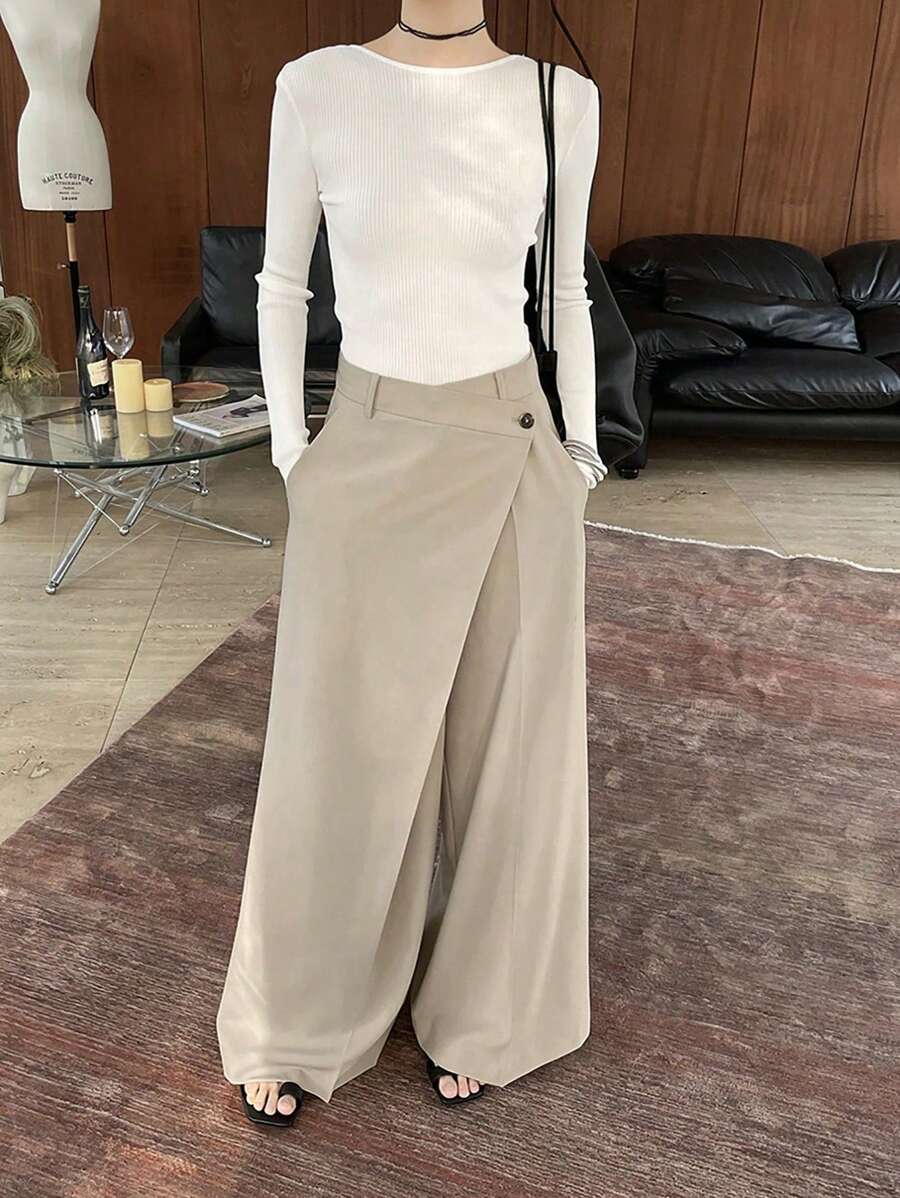 SHEIN Unity Stylish Wrap Style Slant Placket Wide Leg Pants - Khaki - View 1