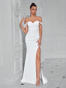 Elisanya Sweetheart Off-Shoulder Elegant Corset Bodycon Long Prom Dress With High Slit For Cocktail Party, Ball And Homecoming White Semi Formal Wedding Guest Dress, For Birthday, Graduation, Dinner