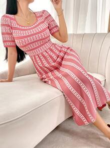 Modelyn Women's Geometric Print Square Neck Short Sleeve Maxi Sweater Dress - Pink - View 8