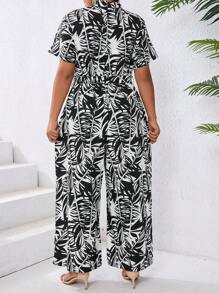 Breezaya Plus Size Women's Tropical Plant Print Short Sleeve Casual Loose Jumpsuit