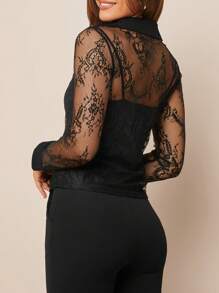 Amorya Elegant Solid Color Lace See-Through Long Sleeve Shirt For Autumn,Long Sleeve Tops